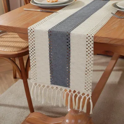 Produktbild von Tischläufer Boho Stil - Baumwolle/Leinen - Mittelgrau - 30 x 275 cm - Nachhaltig - Dekoration für Hochzeiten/Feste - Tischdecke