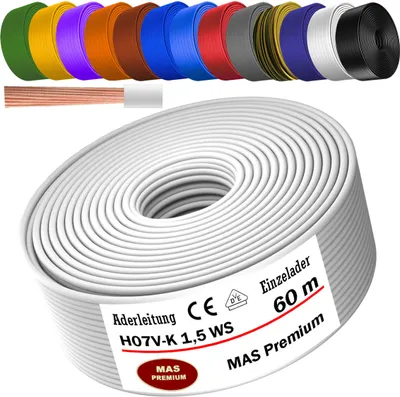 Zdjęcie produktu dla Przewód zasilający o długości 60 metrów, typ H07 V-K, izolacja PVC, linka pojedyncza, elastyczna, przekrój 1x1,5 mm², kolor biały