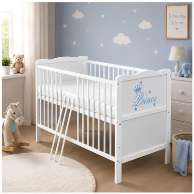 Produktbild von Baby-Delux Babybett Kinderbett 2in1 Prince Motiv 120x60 Weiß Beißschienen zum Schutz