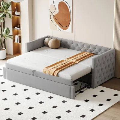 Image de Merax Lit de jour extensible 90x200cm en velours, lit d'enfant avec design de boutons et cadre métallique, lit simple avec sommier à lattes, chambre d'amis, gris clair