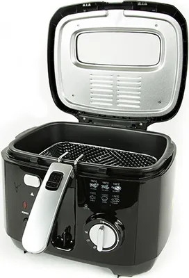 A black and gray deep fryer with its lid open, shown against a white background.
