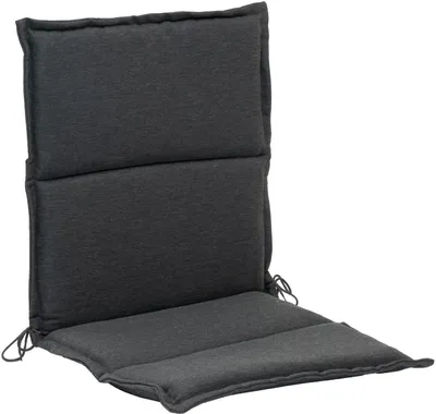 A dark gray chair cushion with ties for securing it to a chair.