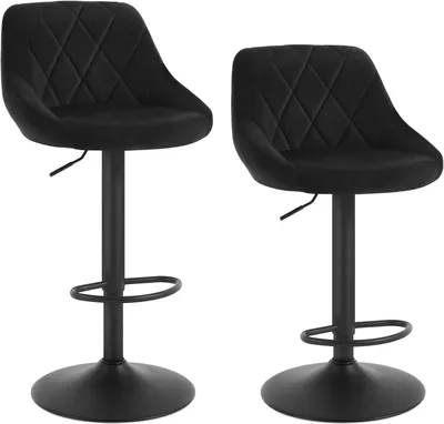 Image de Tabourets de bar - Lot de 2 - Réglables en hauteur - Pivotants à 360° - Revêtement en velours - Piètement en métal - Repose-pieds - Noir