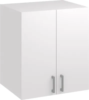 A white kitchen wall cabinet with two doors and silver handles.