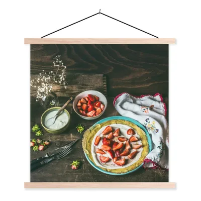 Produktbild von MuchoWow® Textilposter Erdbeere - Rustikal - Obst - Rustikale Blumen 60x60 cm mit holzfarbenen Rahmen - Wanddekoration