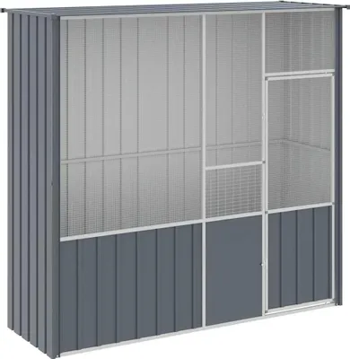 A grey metal aviary with mesh panels and a solid base.