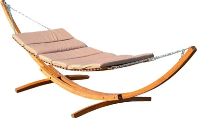Produktbild von 400cm XXL Luxus Hängemattengestell CARIBE aus Holz Lärche mit Holzhängematte mit Holzstreben und 4 Aufnahmen inkl. Auflage