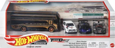 Immagine prodotto di Set #13 Giornata in pista con EURO Hauler, AUDI quattro, LAMBORGHINI Essenza e SAUBER-MERCEDES C9, MATHKC15, scala1/64, MATTEL