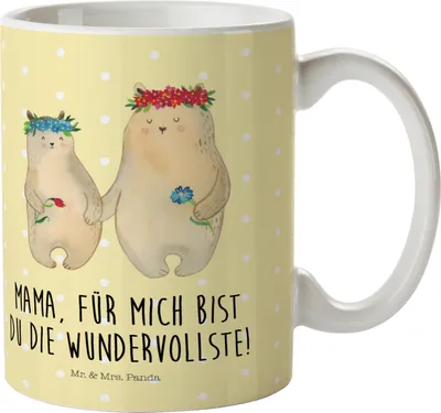 Produktbild von Mr. & Mrs. Panda Pott Bären mit Blumenkranz - Gelb Pastell - Geschenk, Plastikbecher, Familie, Muttertag, Tochter, Kunststoffbecher, Trinklernbecher, Kinder, Kindertasse