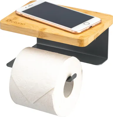Image de eluno Distributeur de papier toilette VARAZ avec tablette en bambou, distributeur de rouleaux de papier toilette autocollant, en métal gris