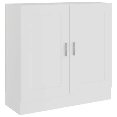 A white cabinet with two doors and silver handles, shown from a front-side angle against a white background.