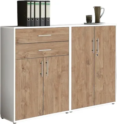 Produktbild von Aktenschrank TABOR 12 in weiß / Gold Harbor Oak, Schrankwand, Büroschrank, abschließbar, Metallgriffe