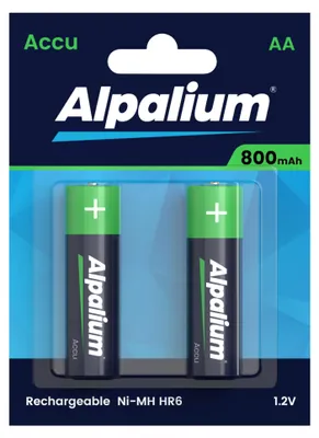 A package of two rechargeable AA batteries.