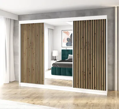 Produktbild von Schwebetürenschrank, 3-türig Schrank mit 4 Schubladen, und Spiegel 3D-Lamellen Premum! Moderne Garderobe für Kleidung. Verschiedene Farben (Weiß, Schwarz, Somona) Kleiderschrank FARA 200 cm