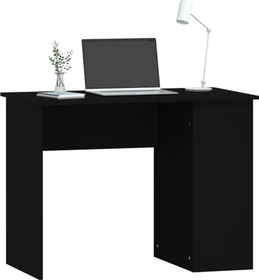 A black desk with a laptop, a vase with plants, and a lamp on it, set against a white background.