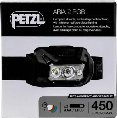 Zdjęcie produktu dla Petzl ARIA 2 HEADLAMP Black Kompaktowa, wytrzymała i wodoodporna latarka czołowa z białym lub czerwonym/zielonym/niebieskim światłem zapewniającym widoczność w nocy i kamuflaż. 450 lumenów (E070BA00)