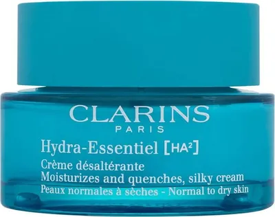 A close-up studio shot of a teal jar of Clarins Hydra-Essentiel cream against a white background.