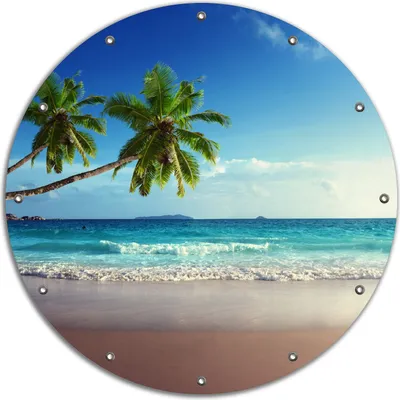 Produktbild von Wallario rundes Outdoor-Poster für Garten oder Balkon, Motiv Sandstrand auf den Seychellen - Urlaub unter Palmen, 90 cm Durchmesser