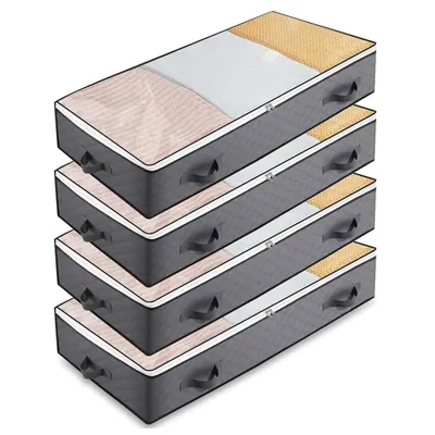 Produktbild von 4x Große Aufbewahrungsbox Unterbett 100x50x15cm, 90L Volumen mit Sichtfenster, 4 Griffe, platzsparend für Kleidung, Decken, Bettwäsche