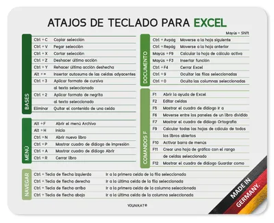 Produktbild von younikat Mauspad mit Excel Tastenkürzeln Spanisch I 24 x 19 cm I Mousepad in Standard-Größe I Qualitätsdruck auf Zellkautschuk I rutschfest und abwischbar I you0106