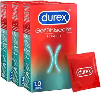 Produktbild von Durex Gefühlsecht Slim Kondome - Angenehmer Geruch, perfekten Sitz und leichtes Abrolle – Schmale Kondome mit Easy-On-Form, befeuchtet & transparent – 30er Pack (3 x 10 Stück)