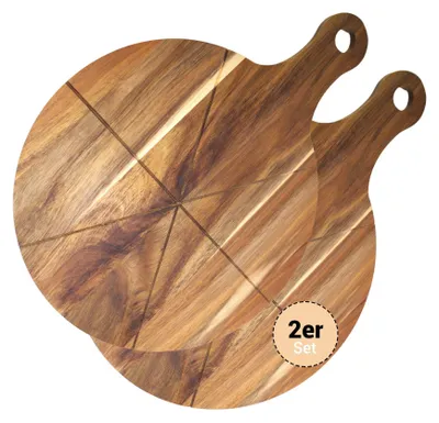 Produktbild von hausleben Pizzabrett 33 cm Bambus 2er Set (Akazien) – Rundes Schneidebrett mit Griff und Schneiderillen – Holz Pizzateller für Flammkuchen, Holzteller Servierbrett für Pizza, Leicht zu Reinigen