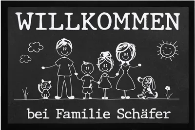 Produktbild von Fußmatte Familie 1, 2, 3 Kinder & mehr + Hund, Katze personalisiert mit Namen Strichmännchen SpecialMe® weiß 60x40cm