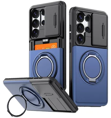 Produktbild von Handyhülle mit Kartenfach für Samsung Galaxy S26 Ultra, Schiebe Kameraschutz, Ringhalter Ständer, Stoßfeste Schutzhülle Blau
