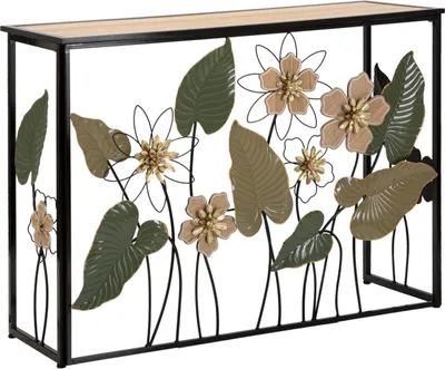 Produktbild von Konsolentisch "Spring", 108 x 36,8 x 80 cm, aus schwarzem Metall mit floralen Verzierungen und brauner Holzplatte – Künstlerischer Boho-Chic-Stil