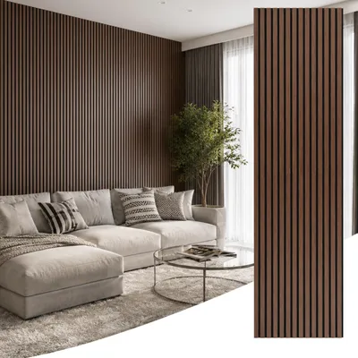 Produktbild von Vigevee Akustikpaneele Holz 240x60 cm faltbar, Holzlamellen Filz Walnuss, Wandpaneel Lamellenwand Wandverkleidung Schallschutz 2 Stück