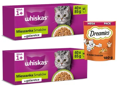 Produktbild von Whiskas Adult Geschmacksmischung 80x85g Nassfutter für erwachsene Katzen + Dreamies Leckerli für Katzen mit Huhn