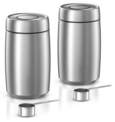 Produktbild von Arendo Kaffeedosen 2er Set je 1450 ml Edelstahl, luftdicht, Aromadosen mit Vakuum-Klickdeckel und Messlöffel für Kaffeebohnen Kaffeepulver Proteinpulver Mehl Zucker