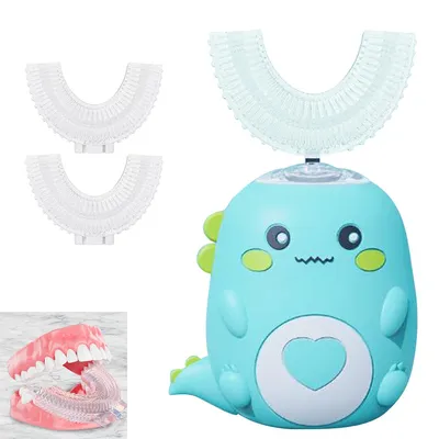Produktbild von 360° Kinder Ultraschallzahnbürste mit 2 U-förmigen Silikonköpfen, LED-Licht und Dinosaurier-Design, für Jungen und Mädchen (6-12 Jahre, Grün)