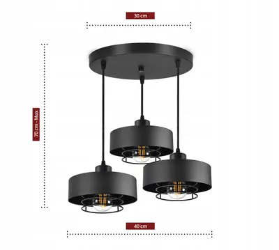 A black pendant light fixture with three lamps is shown against a white background, with dimensions indicated by measurement lines and text.