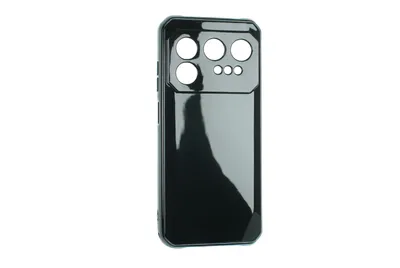 A black smartphone case with cutouts for cameras is shown against a white background.