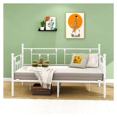 Produktbild von Tagesbettgestell 90x200 cm, Einzelbett Schlafsofa mit Lattenrost für Gästezimmer, Jugendbett, Metallbett, Bettrahmen für Schlafzimmer und Wohnzimmer, Weiß