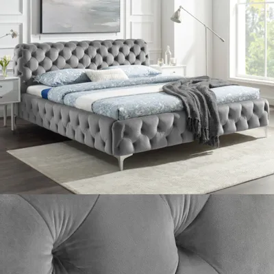 Obrázek produktu pro designová manželská postel MODERN BAROCK 180x200cm šedý samet chesterfield čalouněná postel