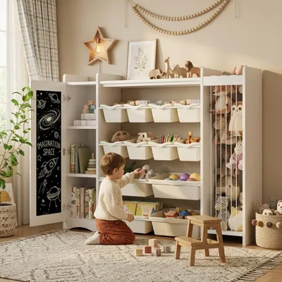 Image de Étagère de rangement pour enfants Merax avec 12 boîtes de rangement, étagère à jouets avec tableau noir, armoire haute avec compartiment pour peluches, meuble de rangement pour enfants, blanc, Image générée par une IA