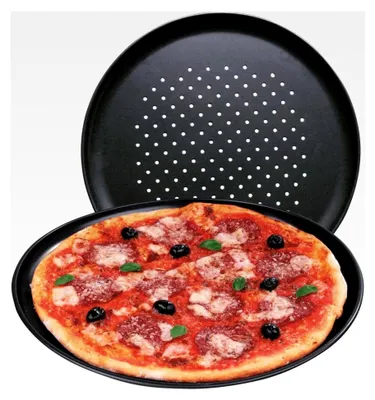 Produktbild von Pizzablech mit Antihaftbeschichtung - Rundes Ofenbackblech hitzebeständig bis 230° - Gelochte Pizzapfanne - Ø 33 cm