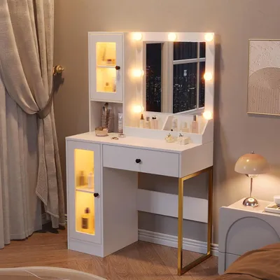 Produktbild von Schminktisch mit LED-Spiegel, 3 Lichtmodi, USB und Schubladen, Wei?