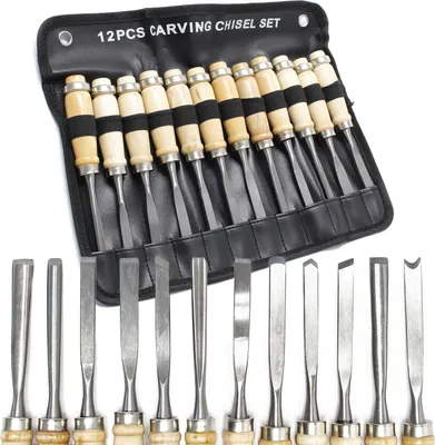 Produktbild von Wiltec Schnitzeisen Set 12tlg. für Holzschnitzerei mit Flacheisen & Hohleisen aus Stahl, Beitel mit Holzgriffen für Kreativität und Hobby