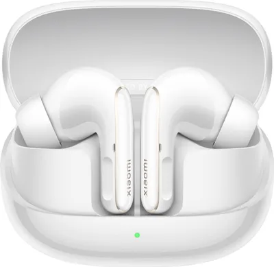 A pair of white wireless earbuds in their charging case.