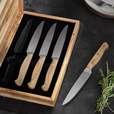 Produktbild von Famanu Steakmesserset 4-teilig - Olivenholzgriffe - Geschenkbox