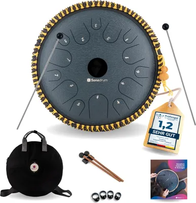 Produktbild von Sonodrum Zungentrommel: C - Dur in Dunkelblau - 38 cm mit 14 Tönen, Steel Tongue Drum inkl. Liederbuch, Schlägel, Fingersticks und Tragetasche