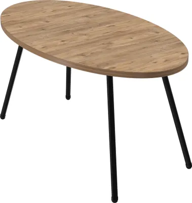 A wooden oval coffee table with black legs on a white background.