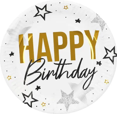 Produktbild von "Happy Birthday" Gold Schwarz | 8 Pappteller Ø23cm