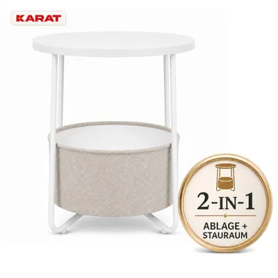 Imagen del producto de Mesa auxiliar redonda Luca con cesta de tela y espacio de almacenamiento, diámetro 45 cm, color blanco