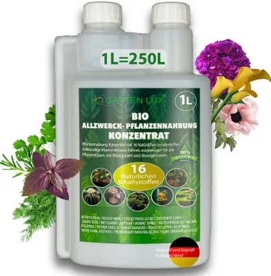 Produktbild von Garten Lux – Flüssigdünger Konzentrat für Garten- und Zimmerpflanzen, Universaldünger mit 16 natürlichen Inhaltsstoffen, 1L Konzentrat ergibt 250L