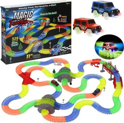 A collage of a toy race track set with cars and accessories.