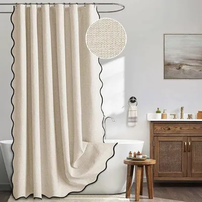 Zdjęcie produktu dla Beżowa mata Waaier Kant Design, wykonana z lnu, z fakturą, wodoodporna, grubsza, z czarną obwódką, idealna do łazienki, wymiary 200x200 cm